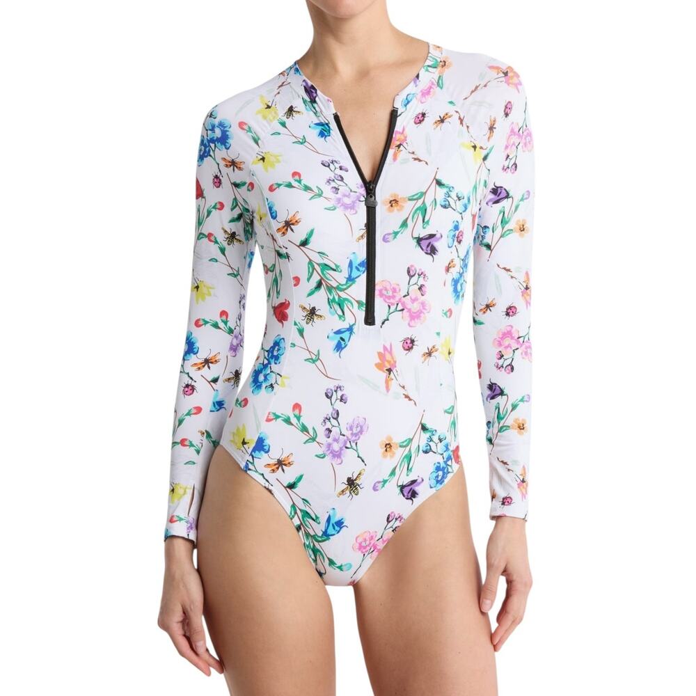 NWT! Betsey Johnson Scuba Knit Half Zip Long Sleeve One-Piece Swimsuit - Size S